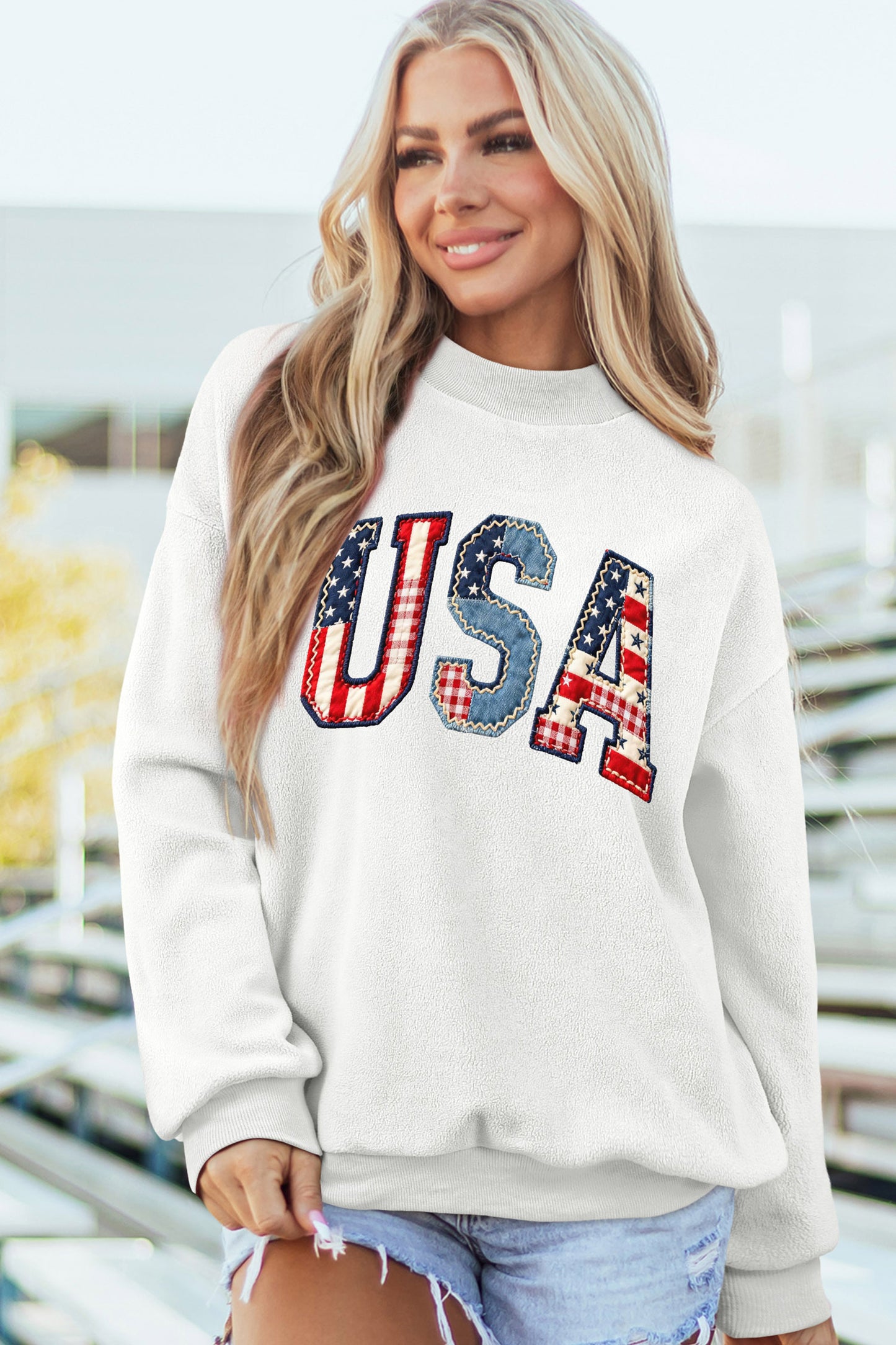 White Faux Patchwork Print USA Flag Double Side Printed Reversible Sweatshirt