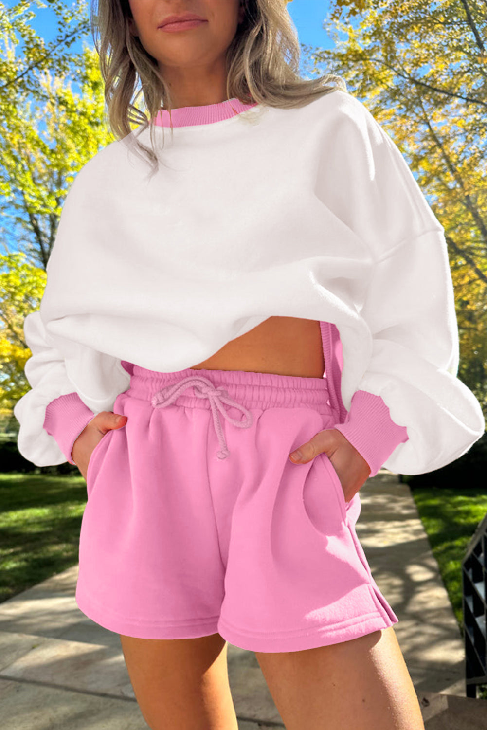 Strawberry Pink Colorblock Pullover and Drawstring Shorts Set