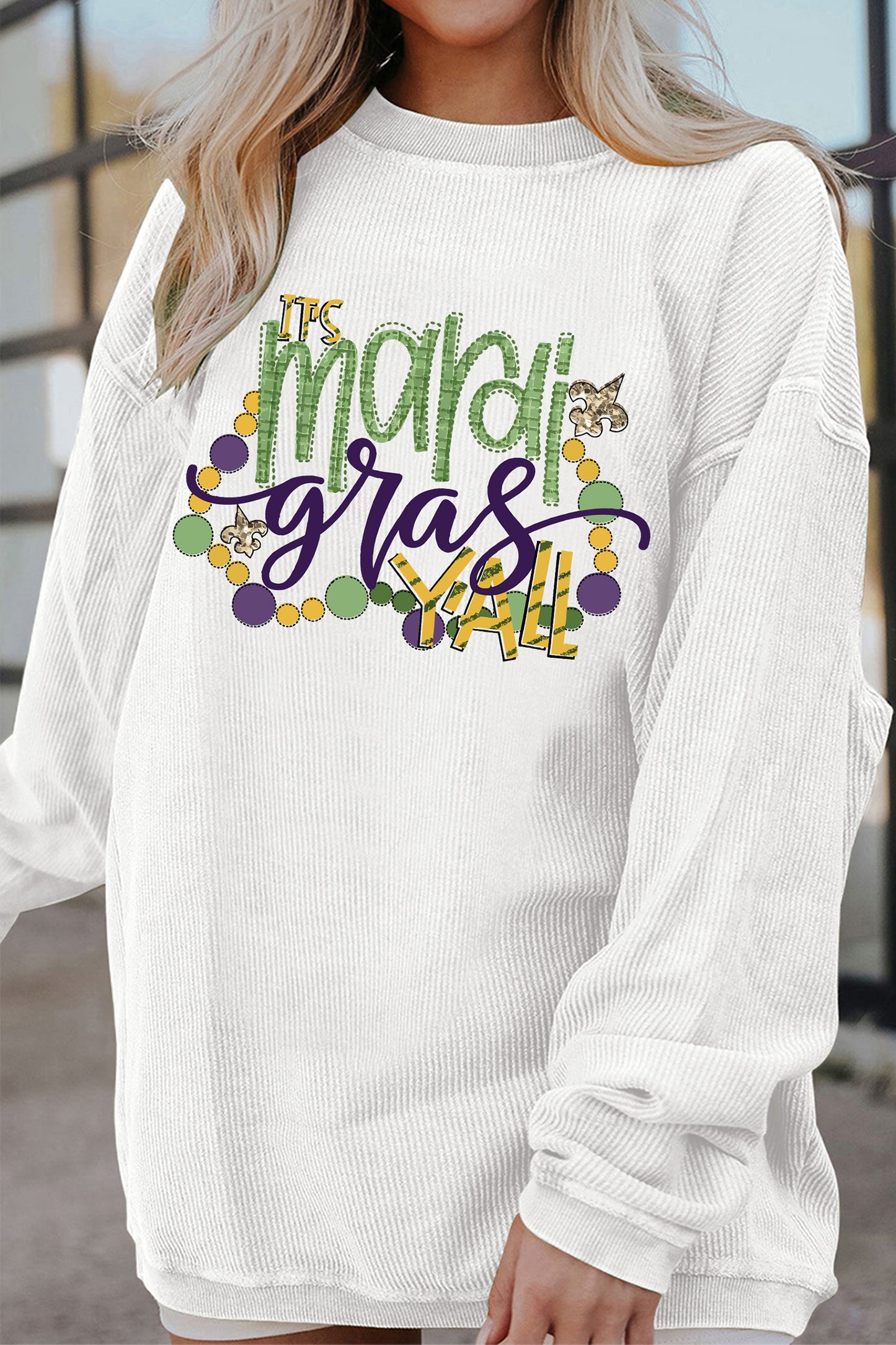 White TIS mardi gras YALL Corded Ribbed Pullover Sweatshirt