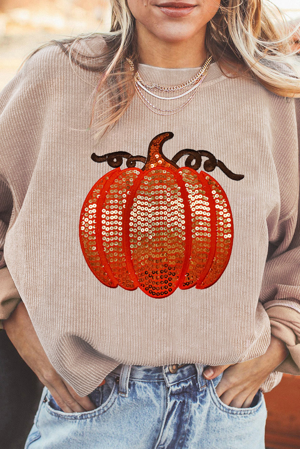 Orange Crinkle Ribbed Halloween Sequin Pumpkin Graphic Sweatshirt