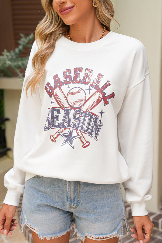 White BASEBALL SEASON Vintage Print Graphic Sweatshirt