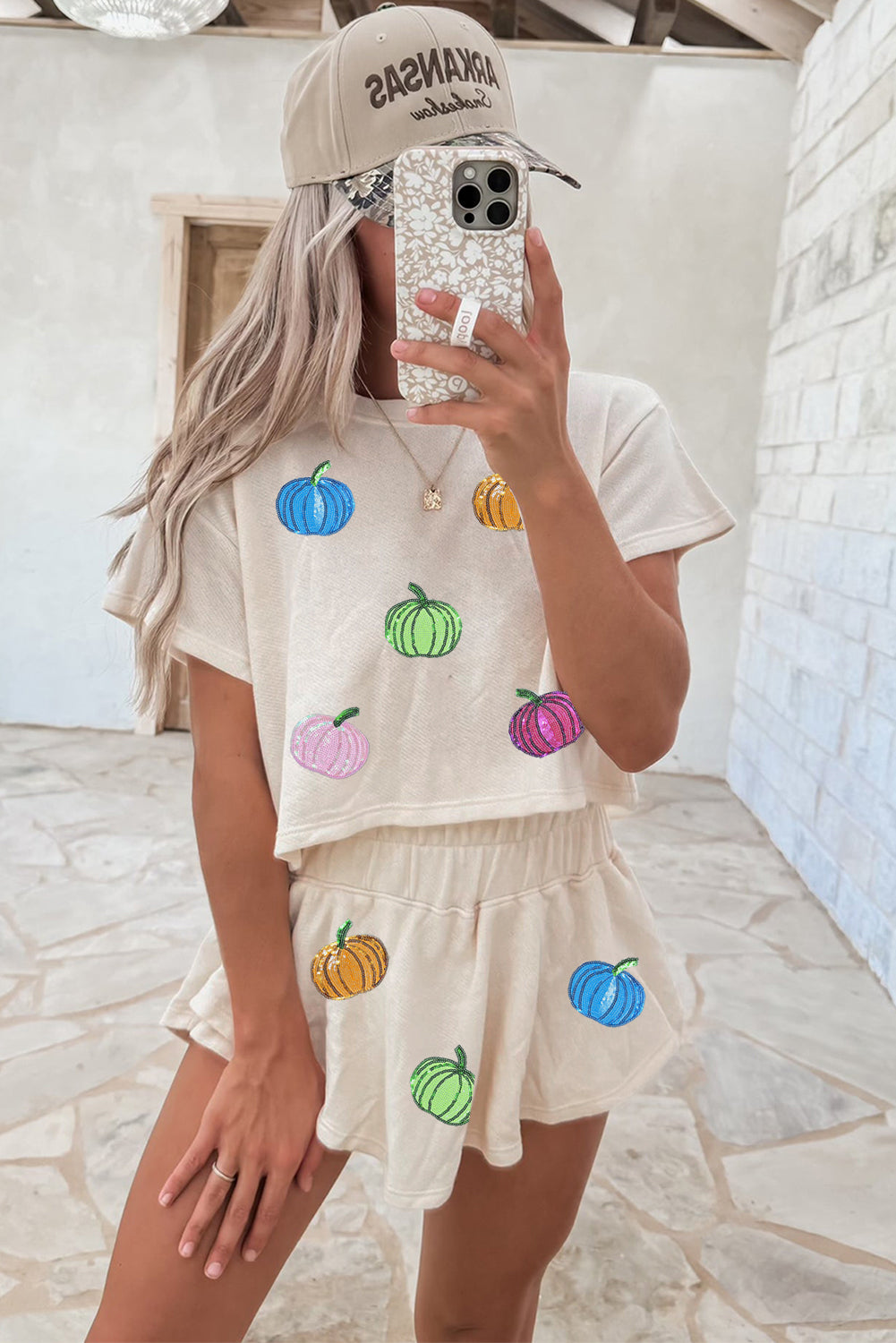 Beige Sequin Pumpkin Sequins Patch Cropped Tee Loose 2pcs Skort Set