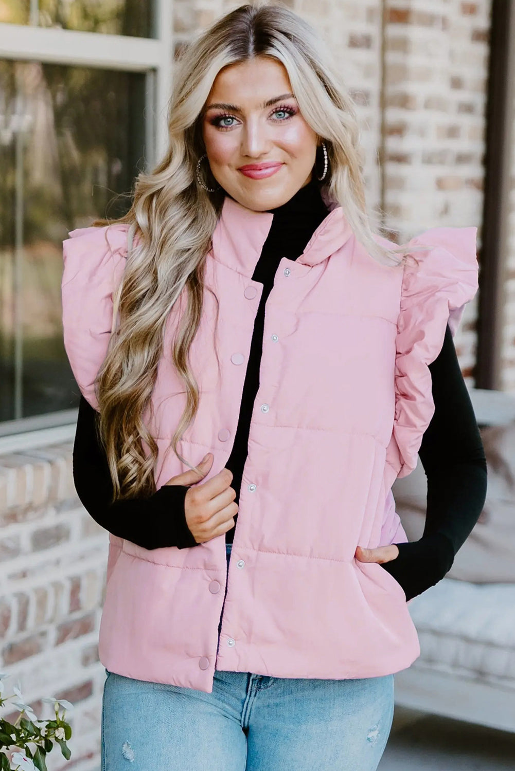 Pink Stand Neck Flutter Sleeve Snap Button Puffer Vest