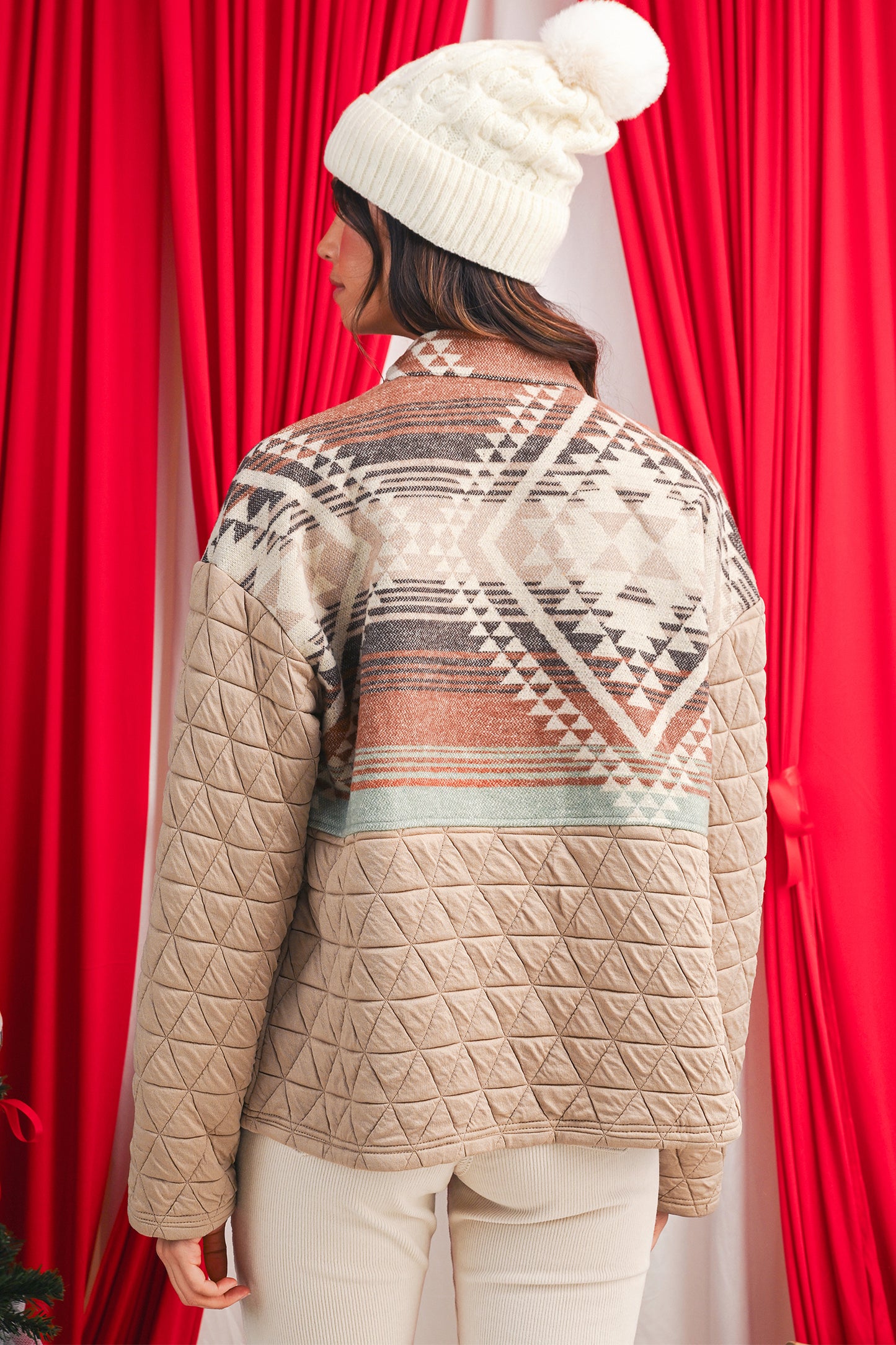 Light French Beige Geometric Quilted Patchwork Vintage Jacket