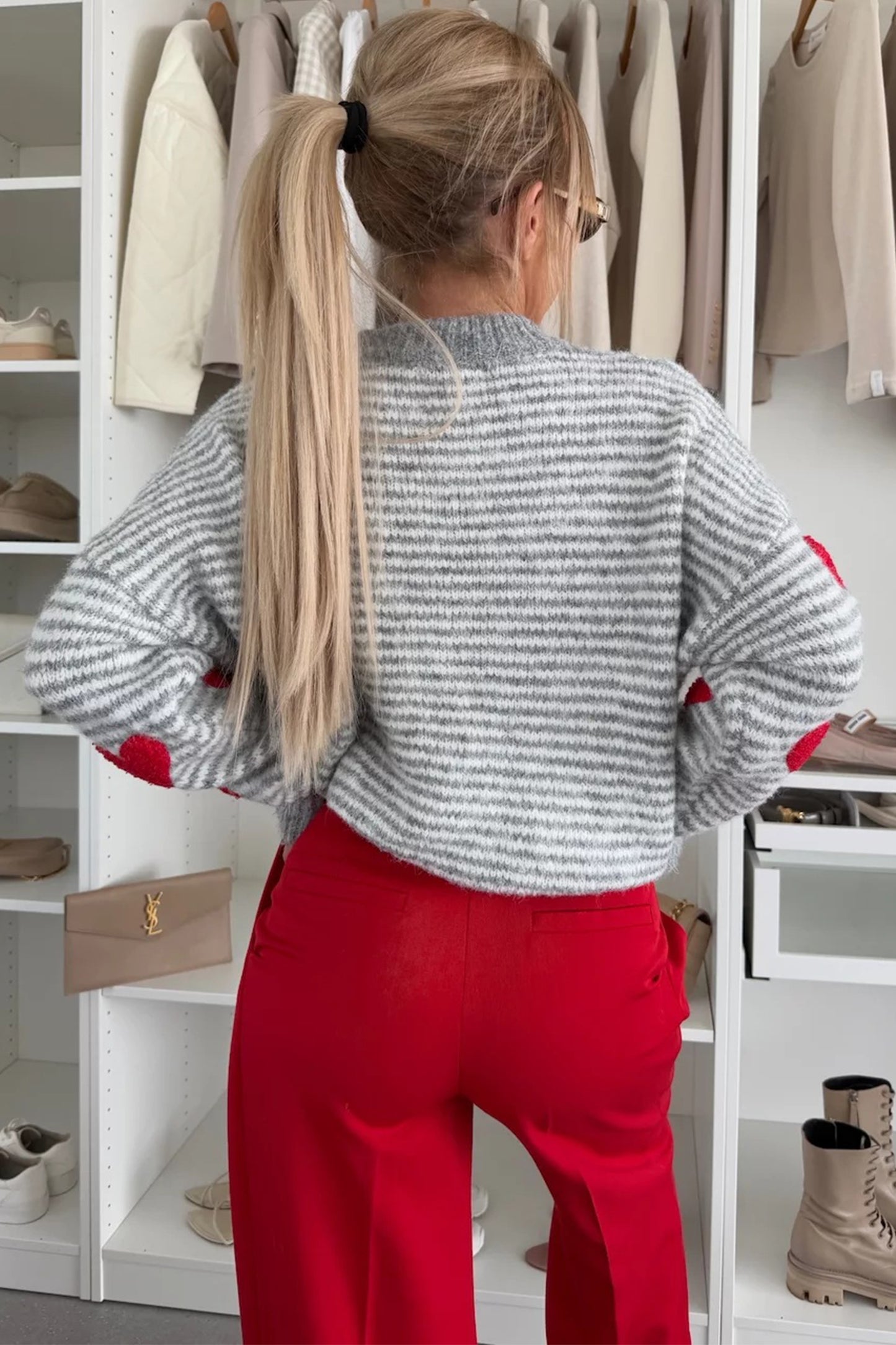 Gray Stripe Contrast Heart Pattern Valentine Knit Sweater
