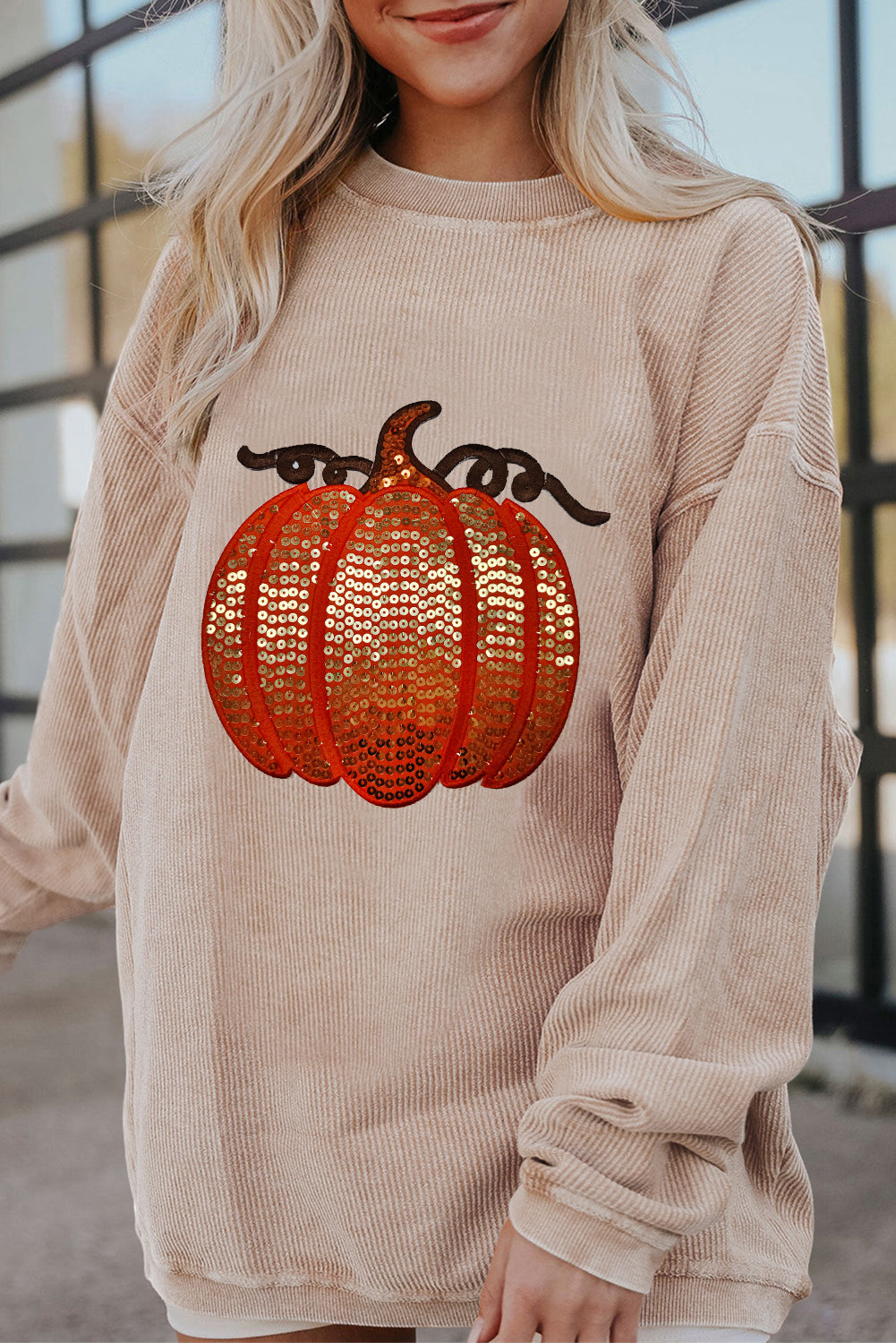 Orange Crinkle Ribbed Halloween Sequin Pumpkin Graphic Sweatshirt