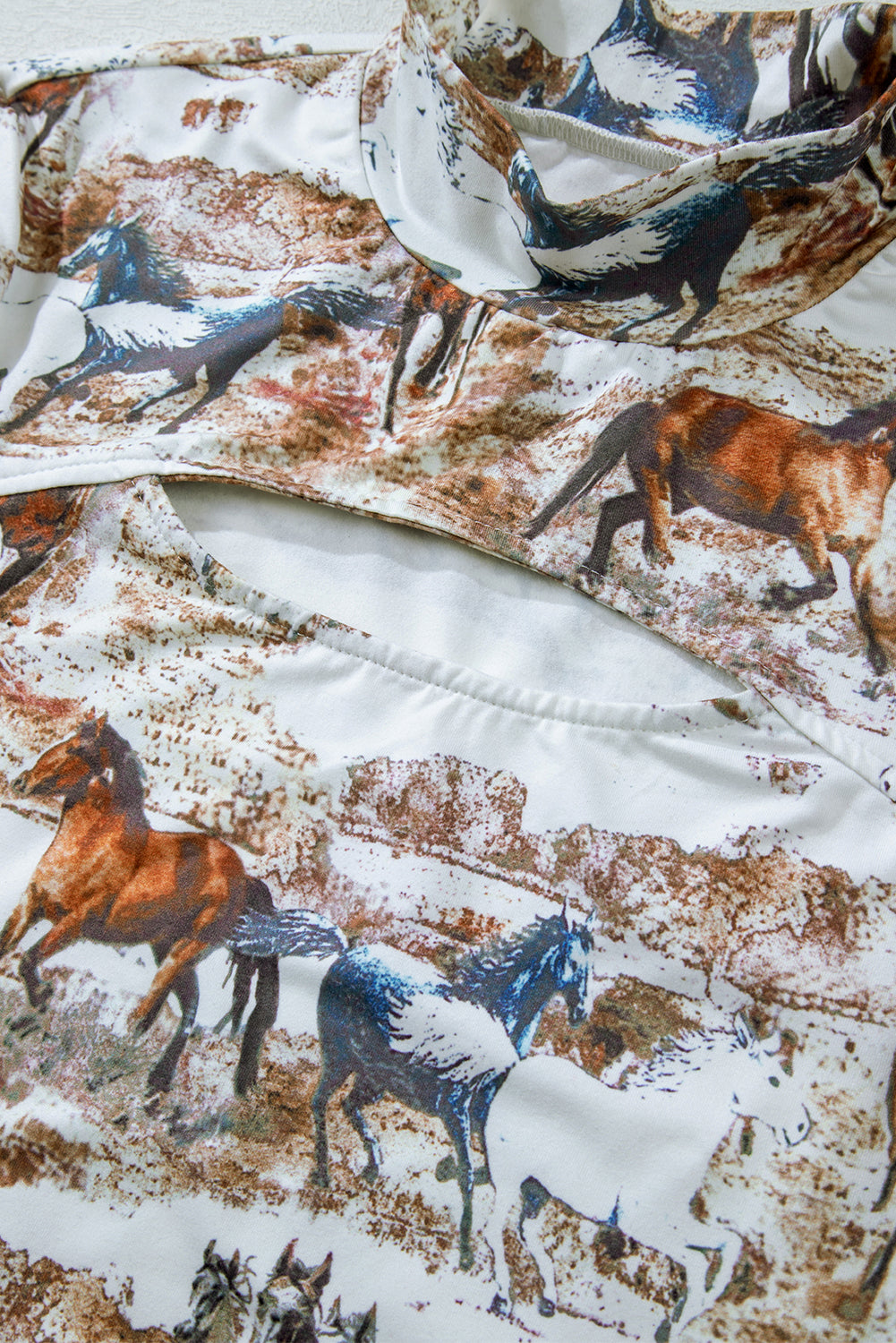 Brown Horses Print Cut-out Mock Neck Top