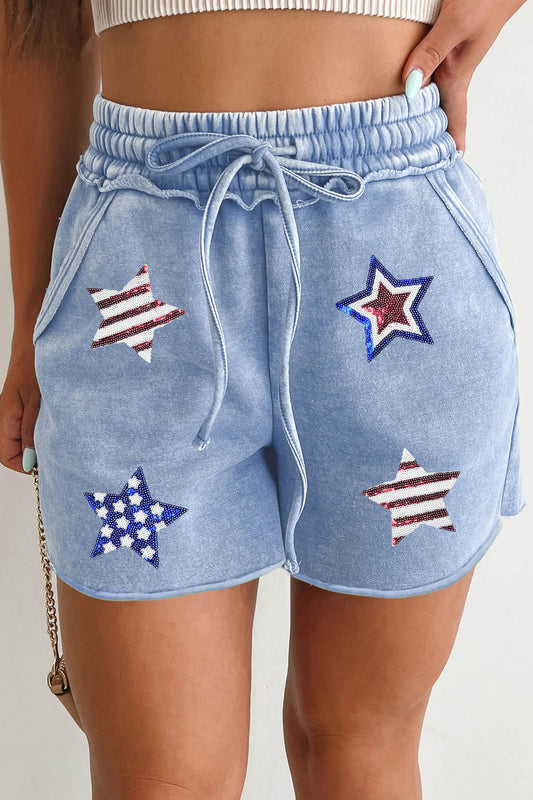 Sky Blue Patriotic Sequin Star Raw Seam Drawstring Cotton Shorts