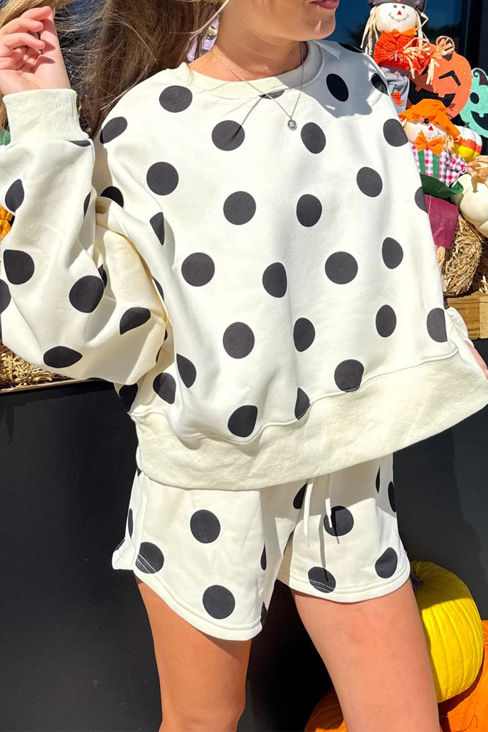 Beige Polka Dot Print Drop Shoulder Pullover Drawstring Short Set