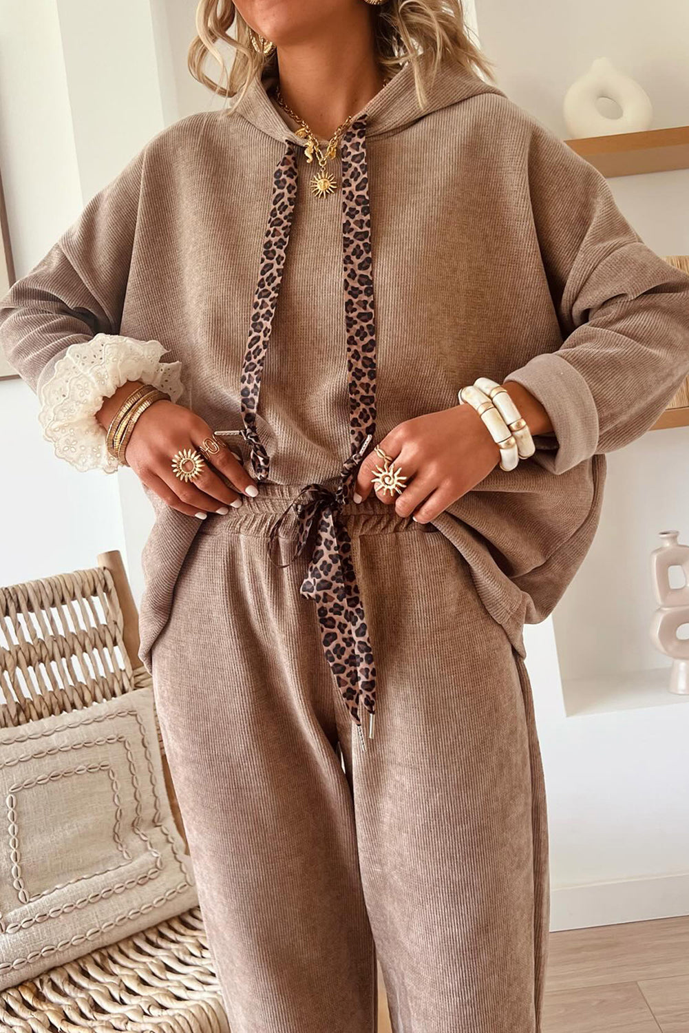 Dark Khaki Drawstring Pullover Hoodie and High Waist Pants Corduroy Suit