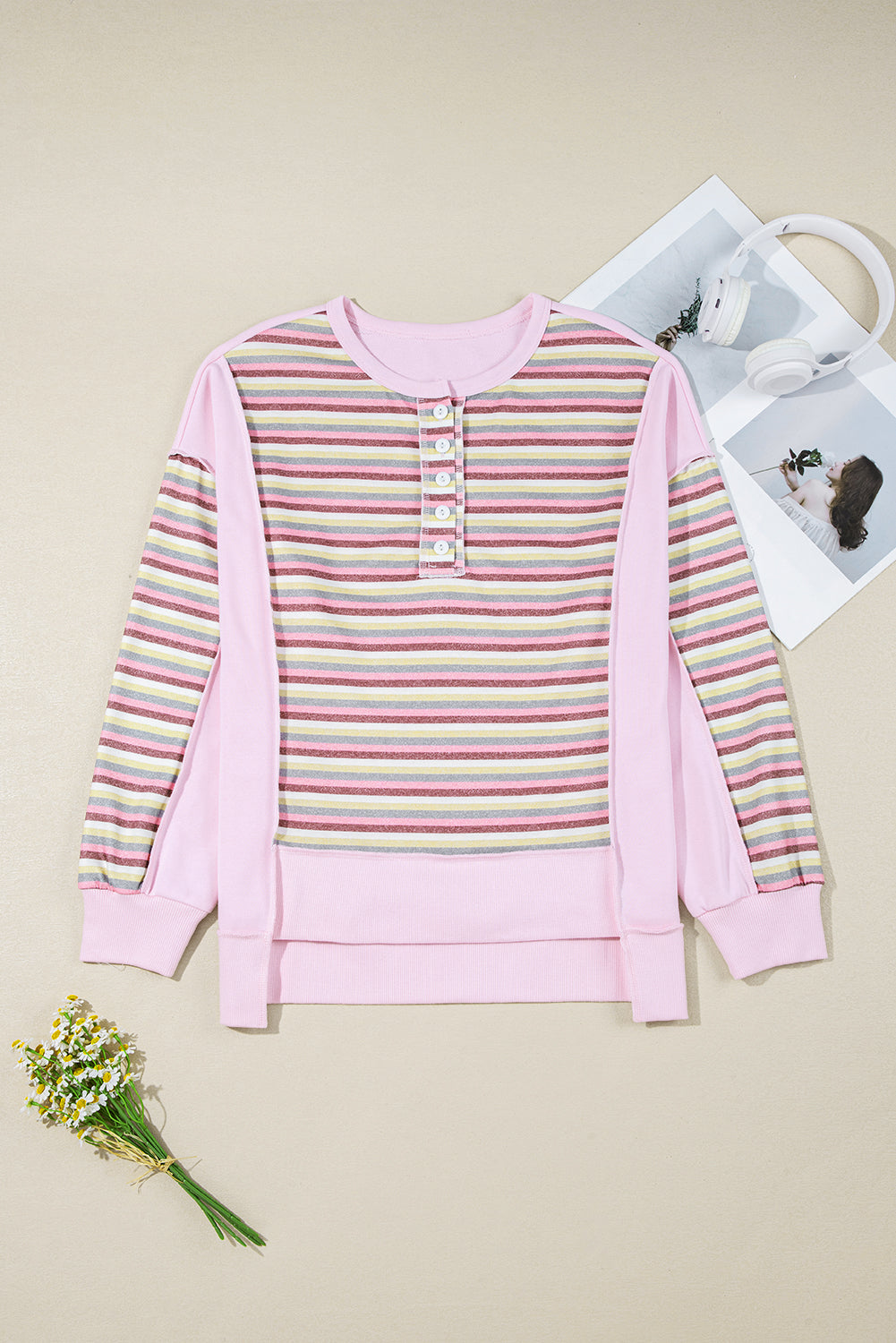 Pink Striped Patchwork Button V Neck Pullover Sweatshirt