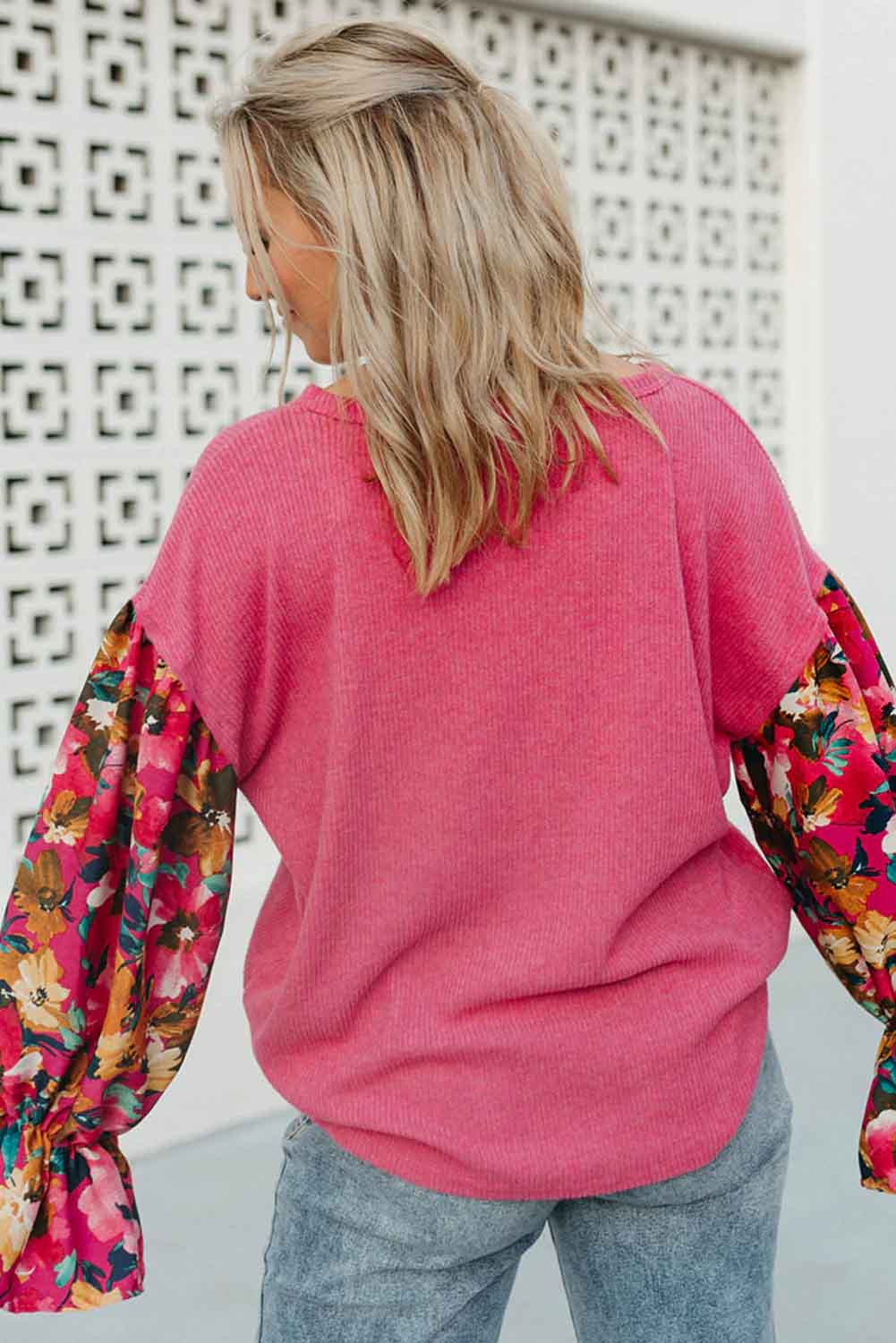 Sachet Pink Flower Patchwork Ribbed Knit Drop Shoulder Top