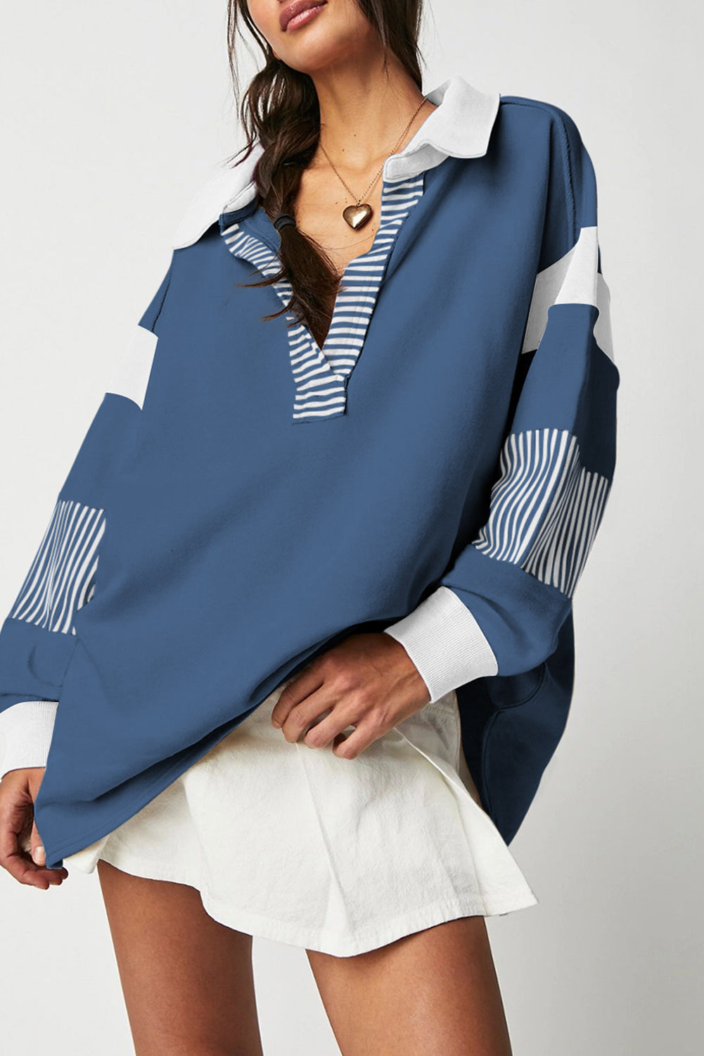 Dark Blue Striped Patchwork Collar Sweatshirt