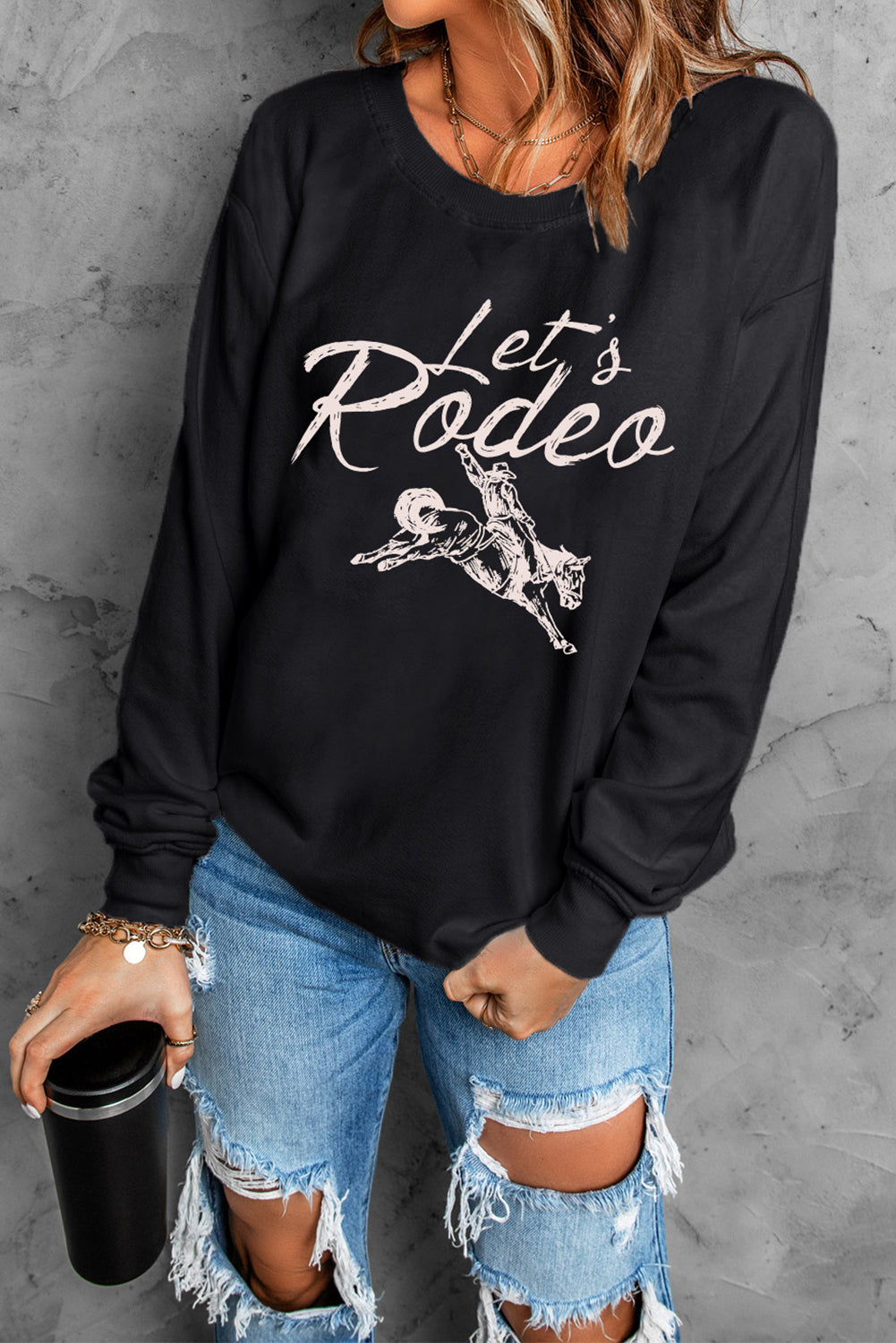 Black Lets Rodeo Western Print Pullover Sweatshirt