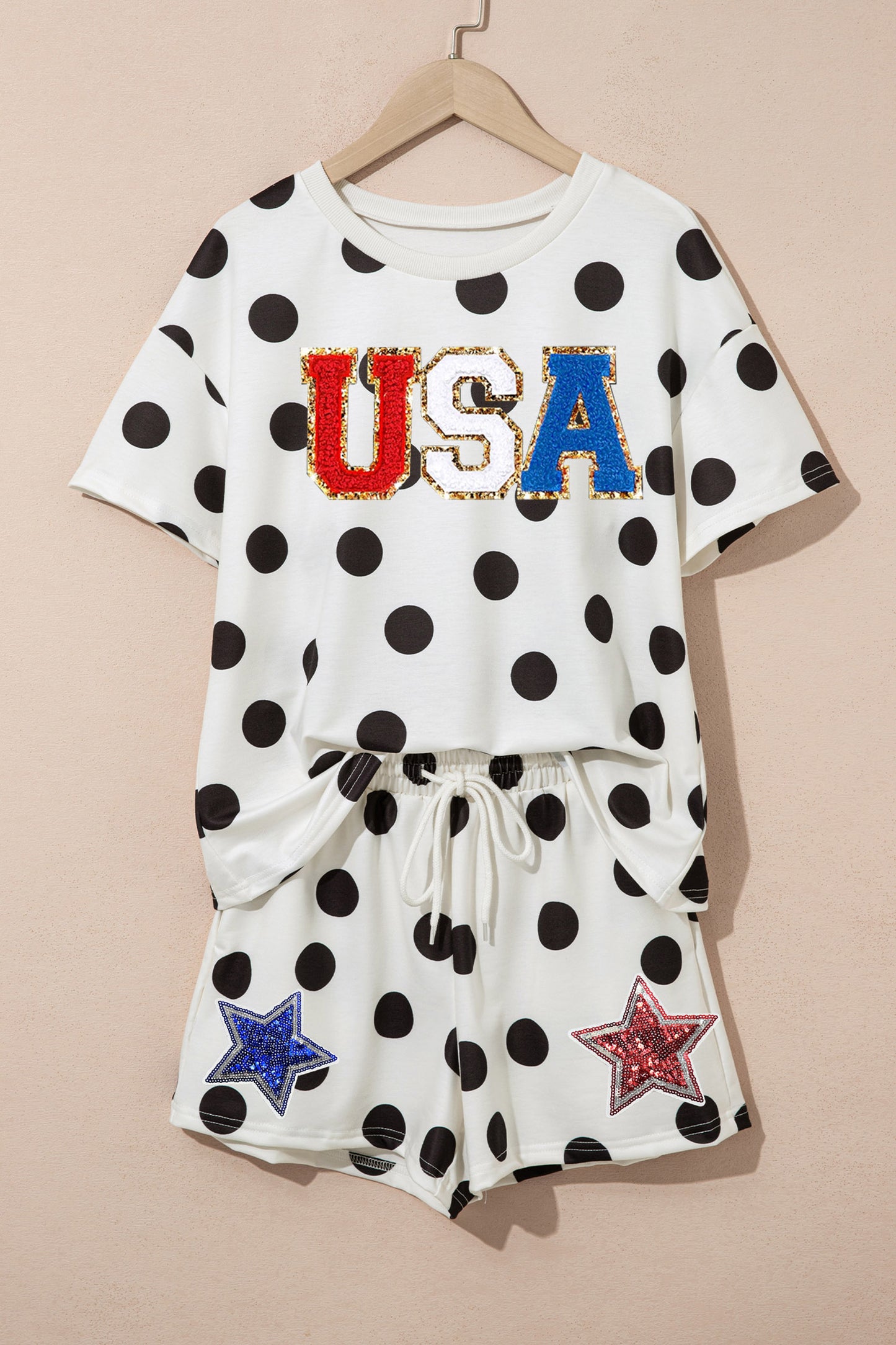 Black Polka Dot USA Patriotic Chenille Sequin Graphic 2-Piece Set