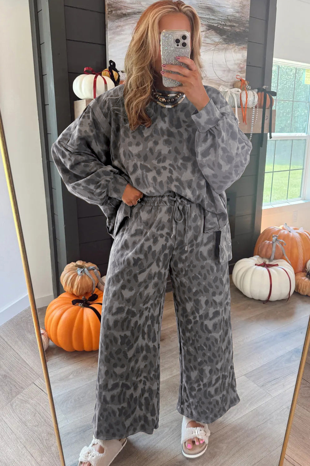 Gray Allover Leopard Print Pullover Drawstring Loose Pants Set