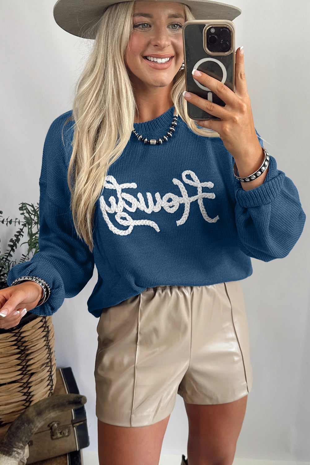 Dusk Blue Howdy Embroidered Graphic Sweater
