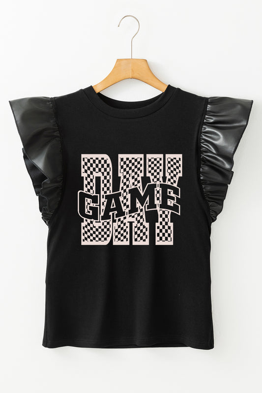Black GAME DAY Checkered Letter Ruffle Sleeve Top