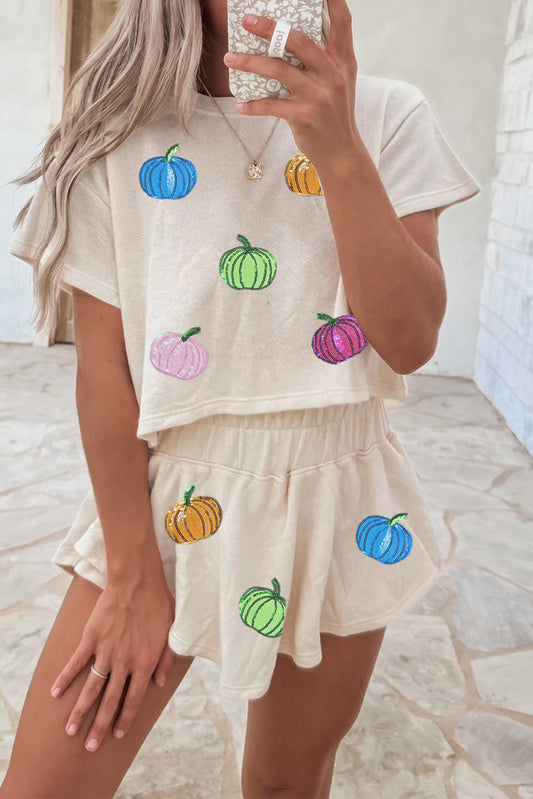 Beige Sequin Pumpkin Sequins Patch Cropped Tee Loose 2pcs Skort Set