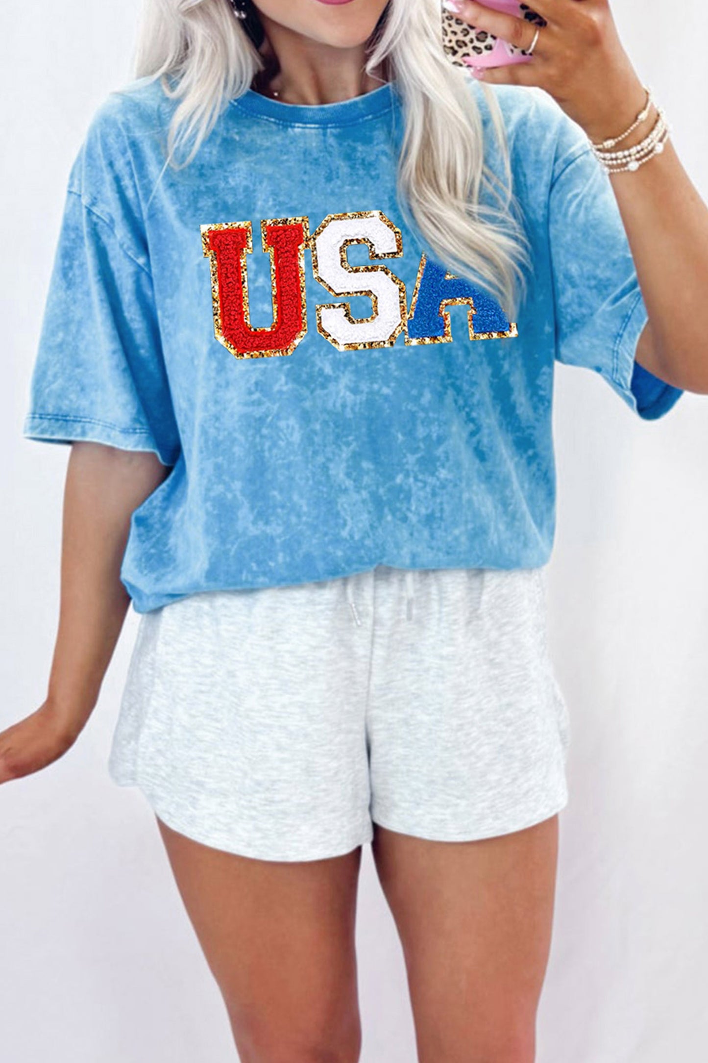 Blue USA Chenille Patch Graphic Retro Washed Cotton T Shirt