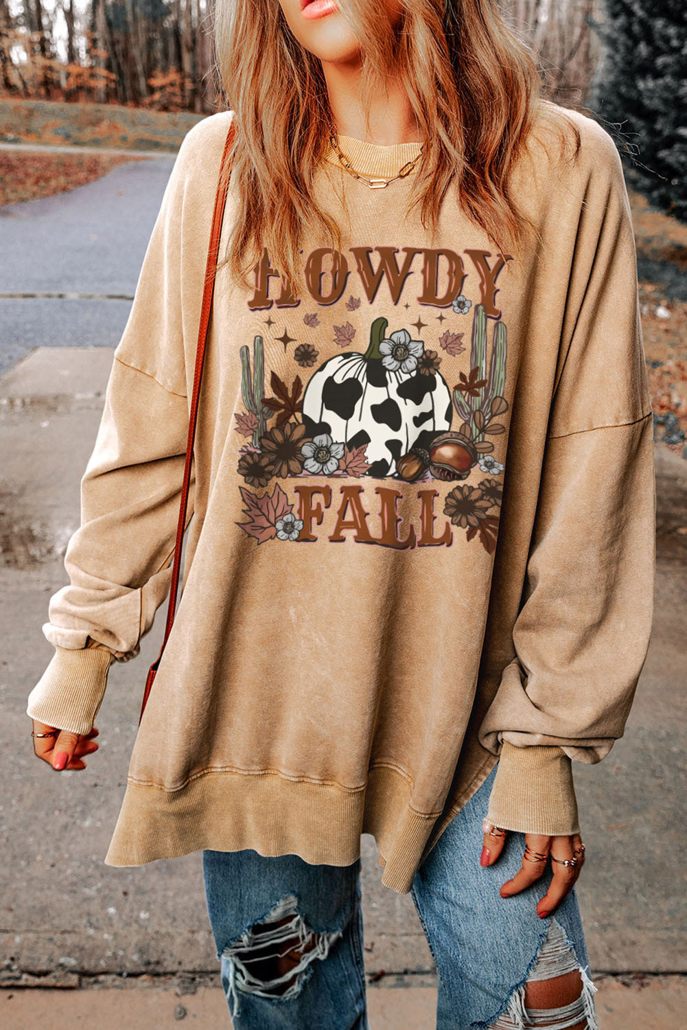 Khaki HOWDY FALL Pumpkin Print Split Hem Graphic Sweatshirt