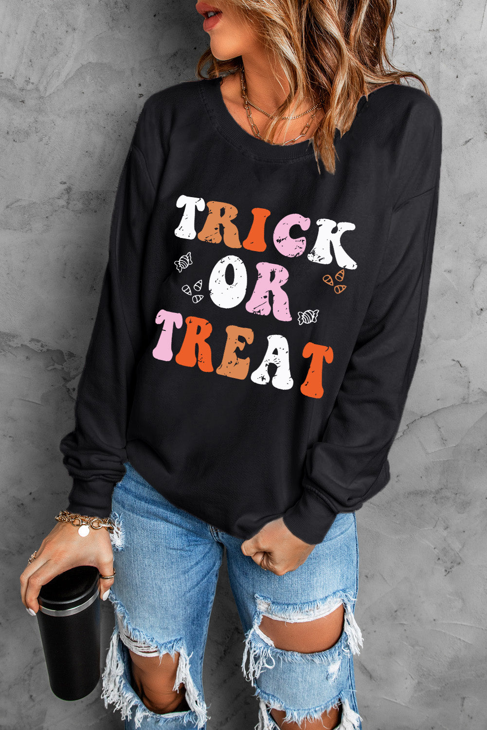 Black Halloween TRICK OR TREAT Graphic Crewneck Sweatshirt