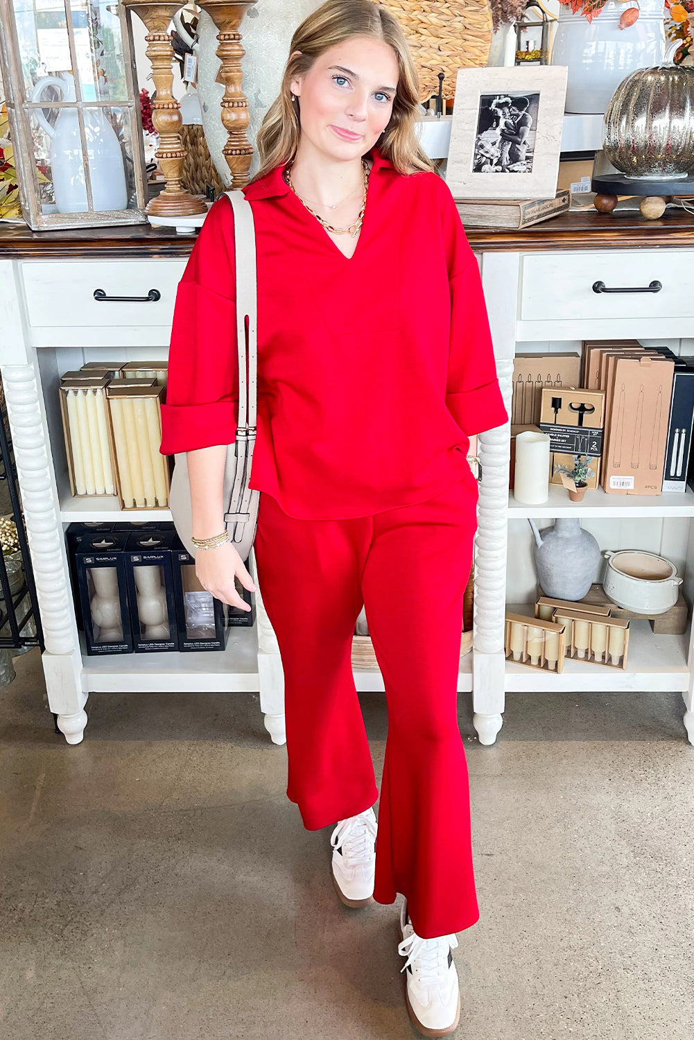 Fiery Red Plain V Neck Pullover Drawstring Bell Bottom Pants Set