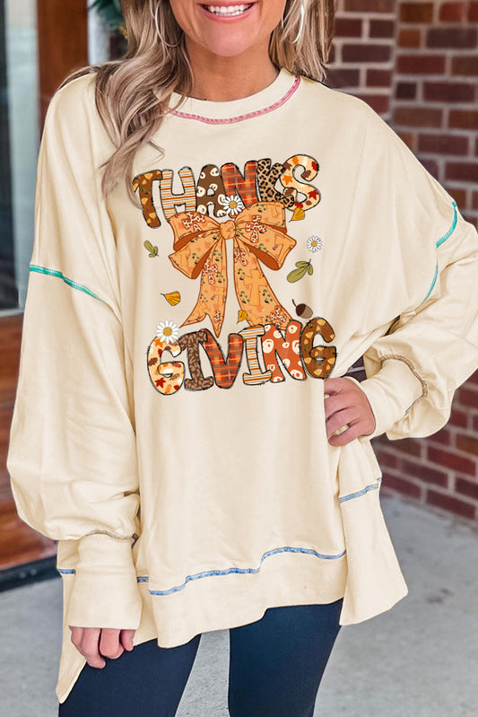 White THANKSGIVING Ribbon Bow Heat Transfer Printing Contrast Trim Baggy Sweatshirt