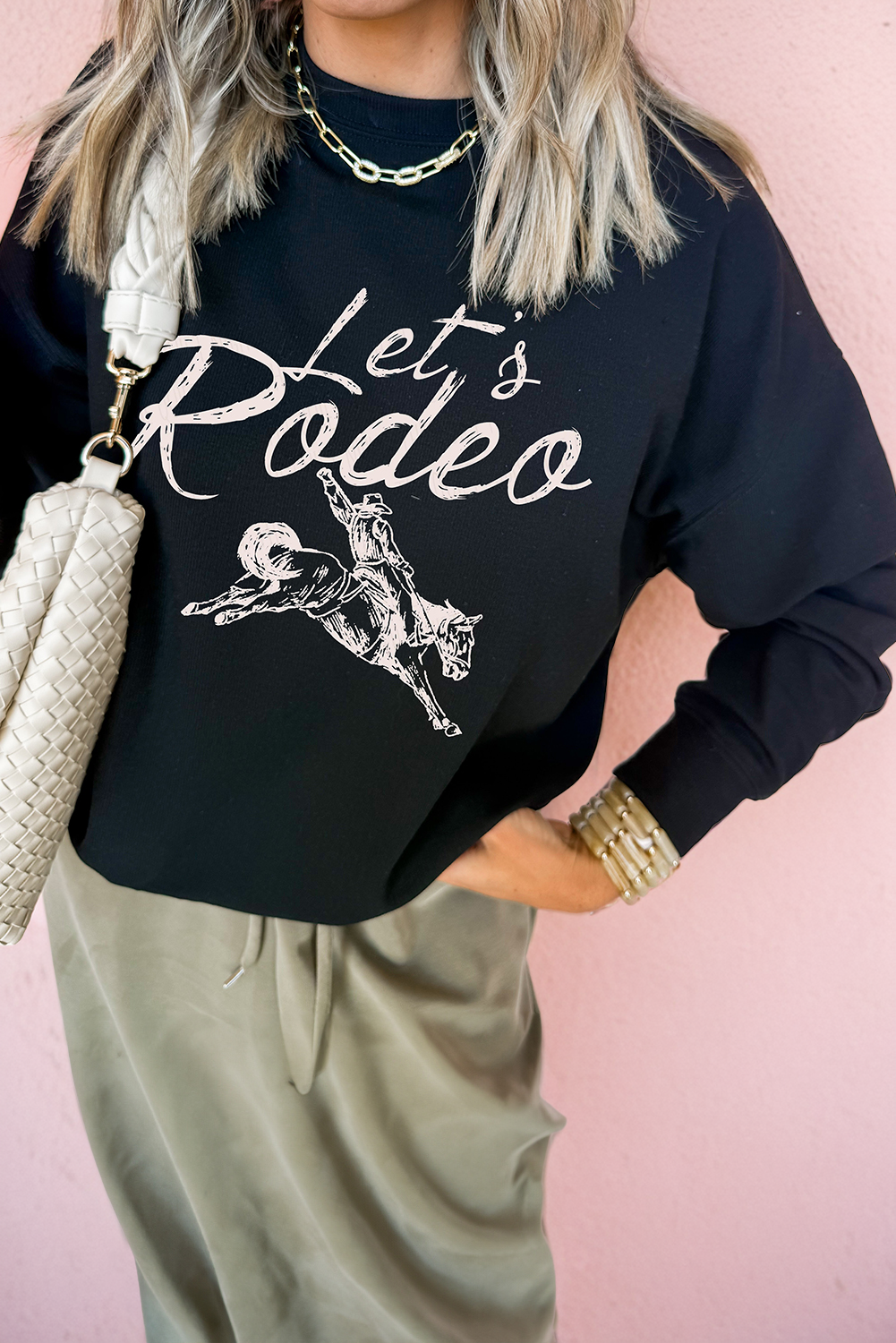 Black Lets Rodeo Western Print Pullover Sweatshirt