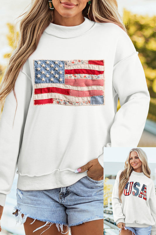 White Faux Patchwork Print USA Flag Double Side Printed Reversible Sweatshirt