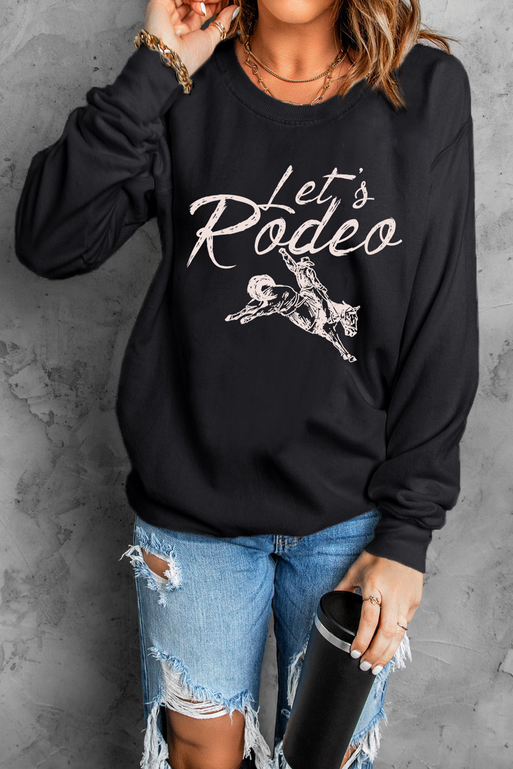 Black Lets Rodeo Western Print Pullover Sweatshirt