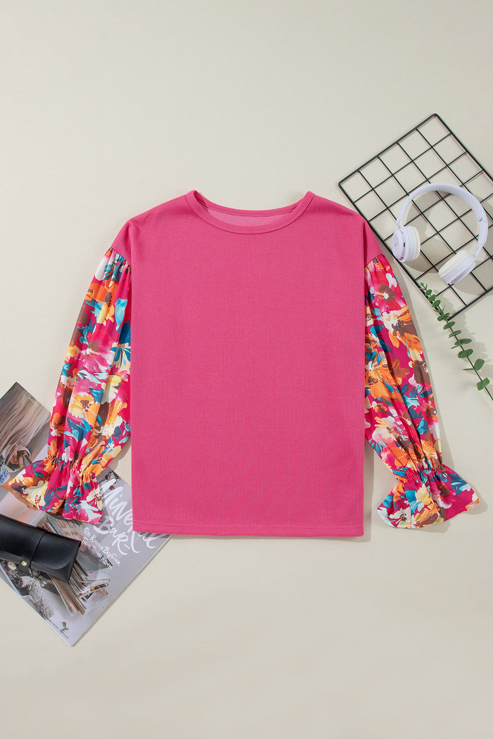 Sachet Pink Flower Patchwork Ribbed Knit Drop Shoulder Top