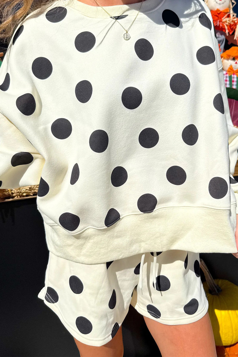 Beige Polka Dot Print Drop Shoulder Pullover Drawstring Short Set