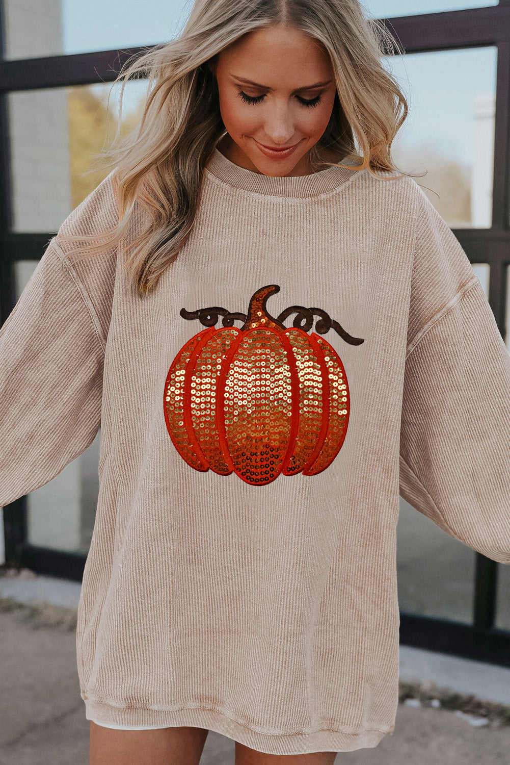 Orange Crinkle Ribbed Halloween Sequin Pumpkin Graphic Sweatshirt