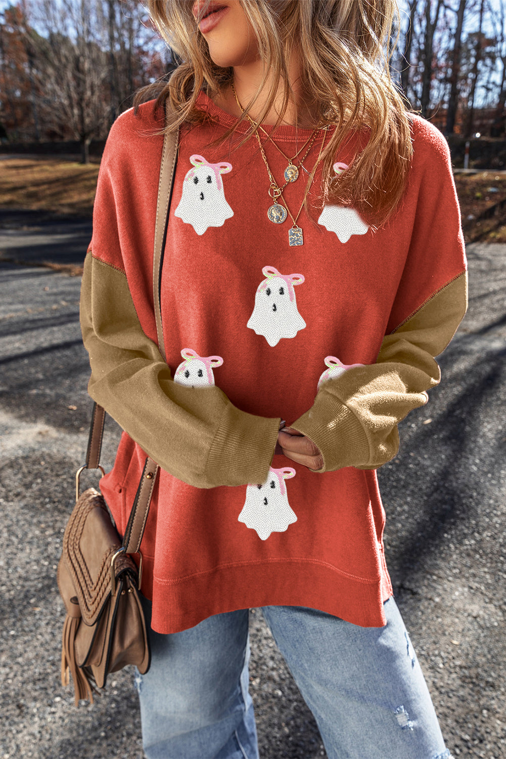 Gold Flame Ghost Sequins Patch Colorblock Sweatshirt
