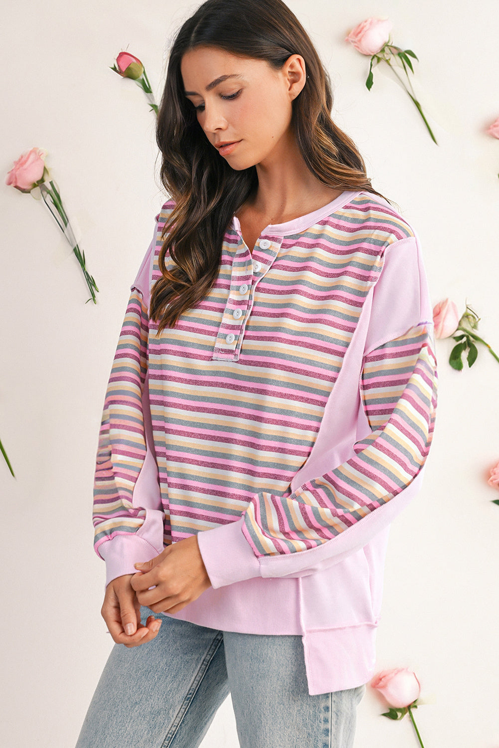 Pink Striped Patchwork Button V Neck Pullover Sweatshirt