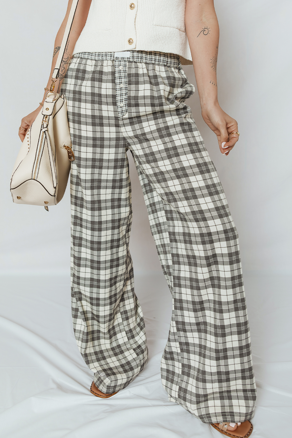 Gray Plaid Wide Leg Casual Pants