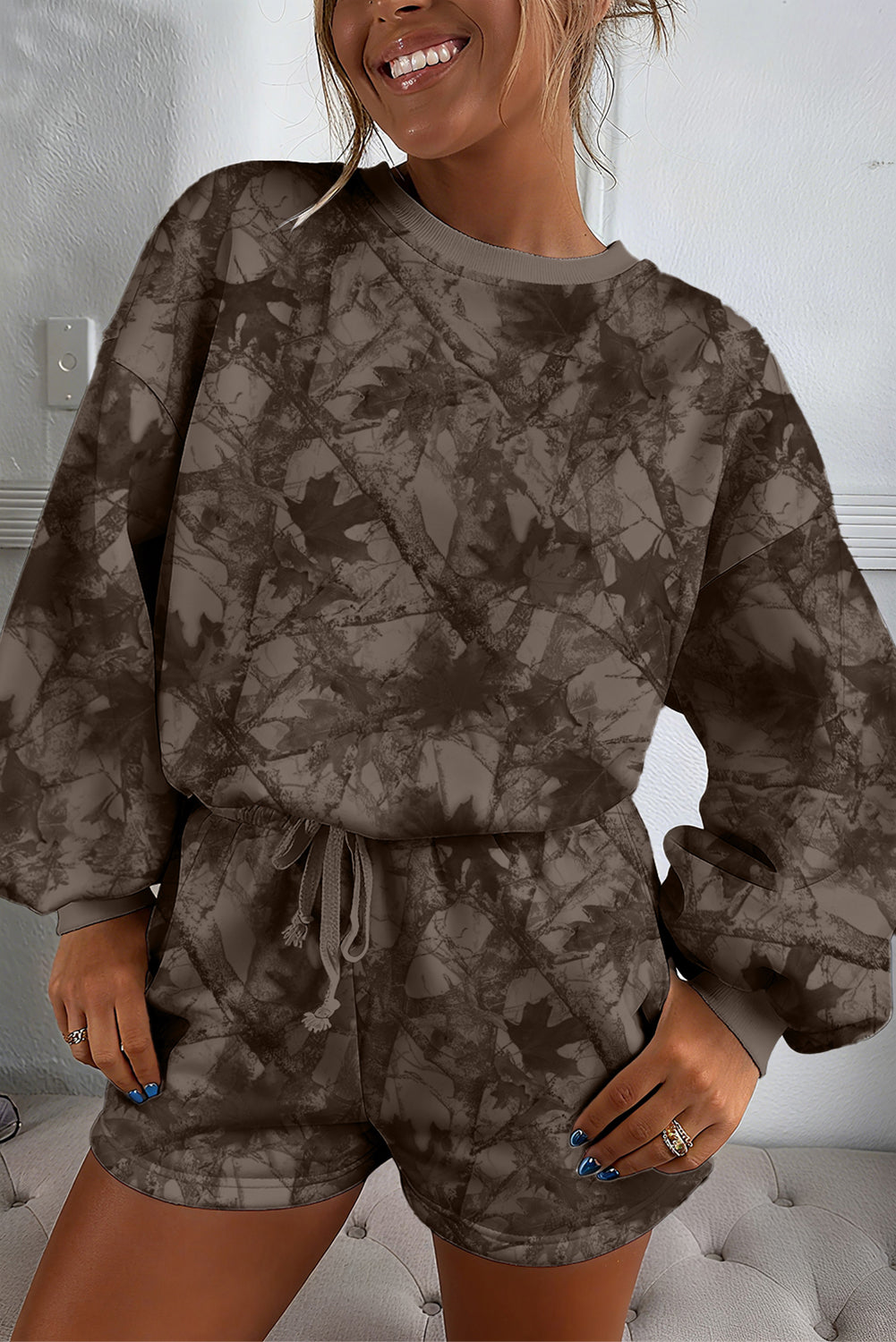 Brown Camouflage Print Round Neck Drop Sleeve Shorts Set