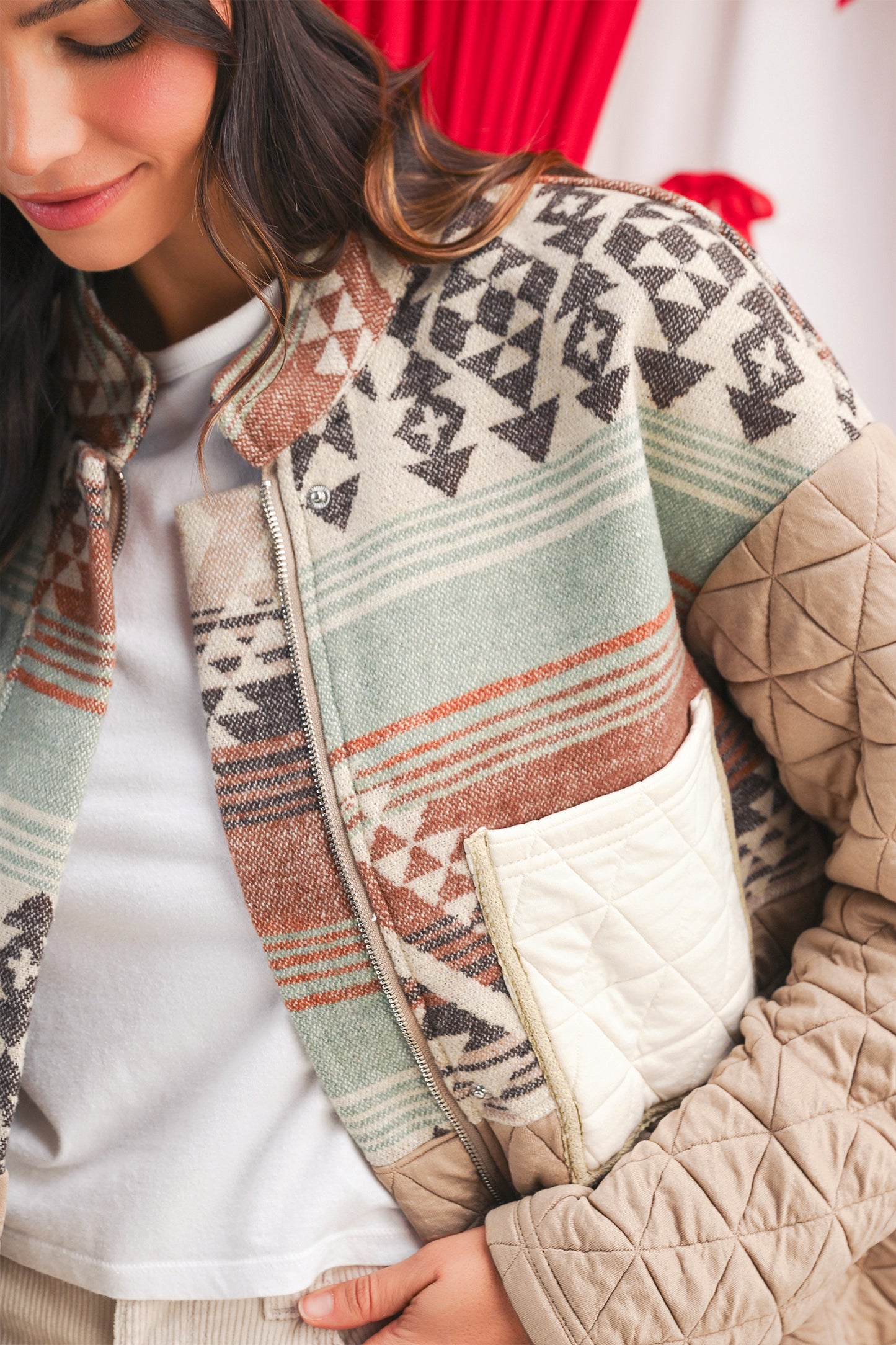 Light French Beige Geometric Quilted Patchwork Vintage Jacket