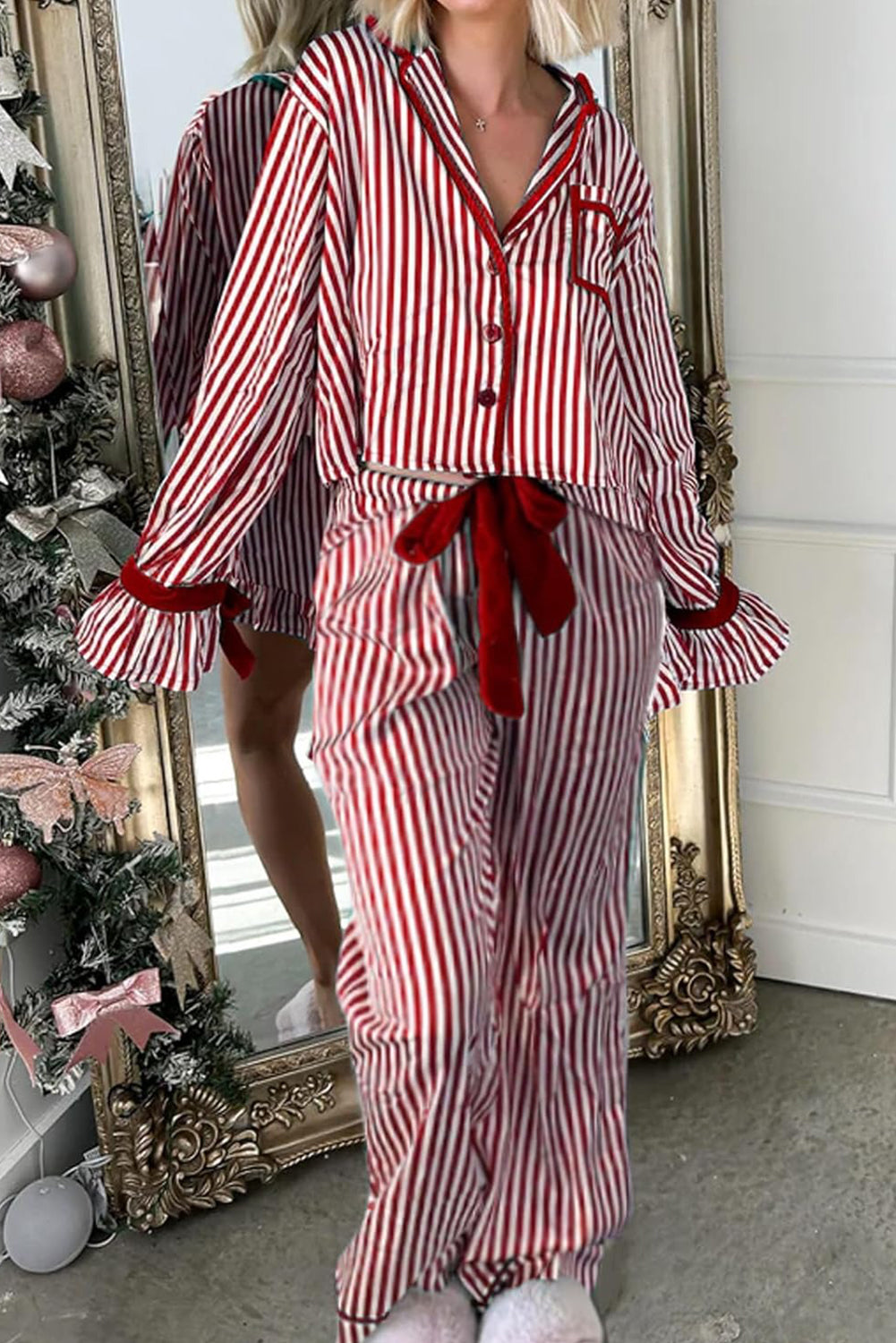 Red Striped Contrast Velvet Trim Knot Waist Pajama Set