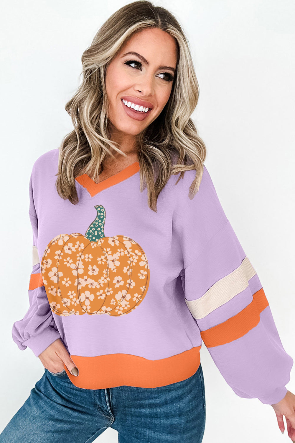 Orchid Bouquet Floral Pumpkin Graphic Color Block Sleeve Sweatshirt