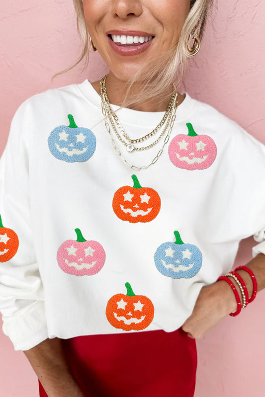 White Cute Halloween Pumpkin Sequins Patch Graphic Sweatshirt