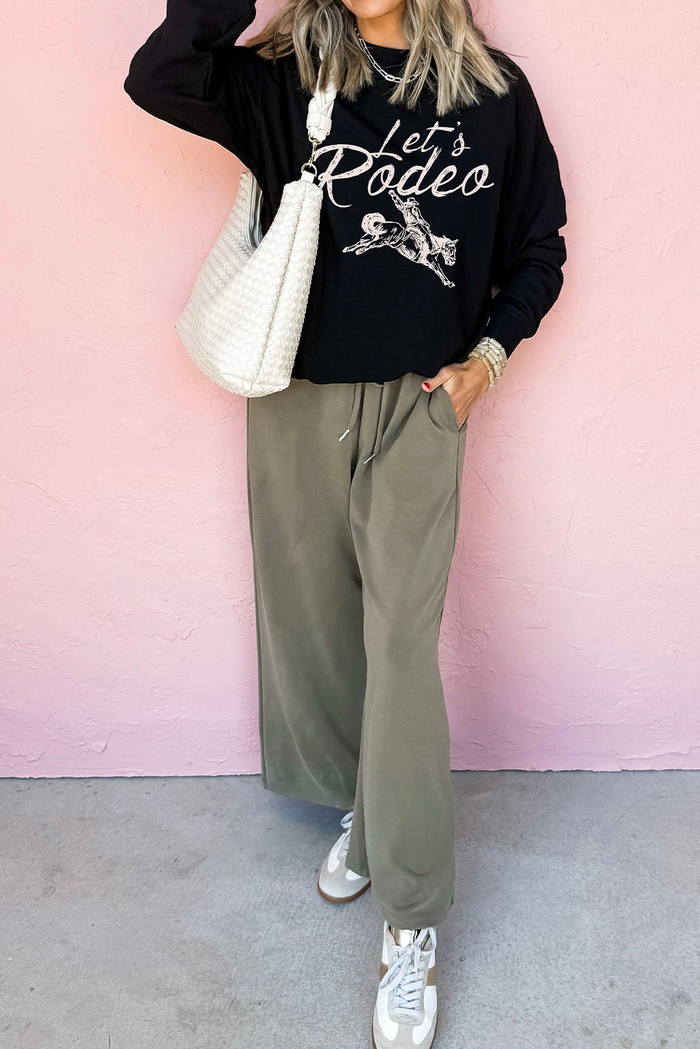 Black Lets Rodeo Western Print Pullover Sweatshirt