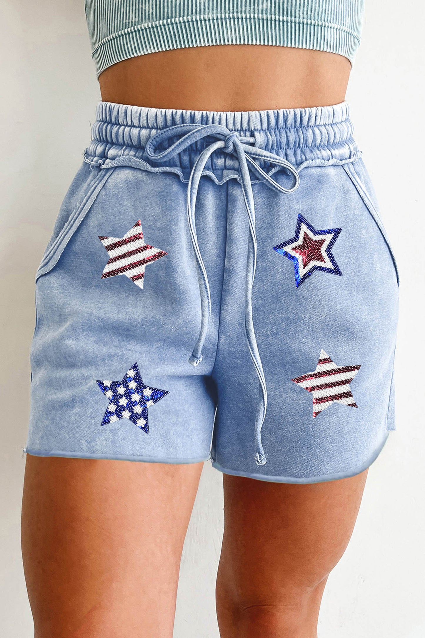 Sky Blue Patriotic Sequin Star Raw Seam Drawstring Cotton Shorts