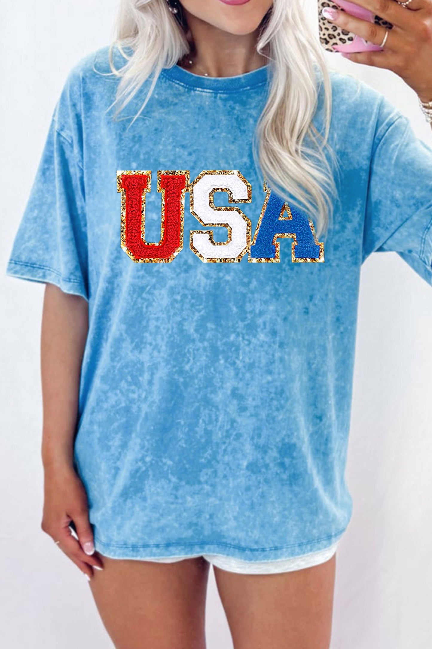 Blue USA Chenille Patch Graphic Retro Washed Cotton T Shirt