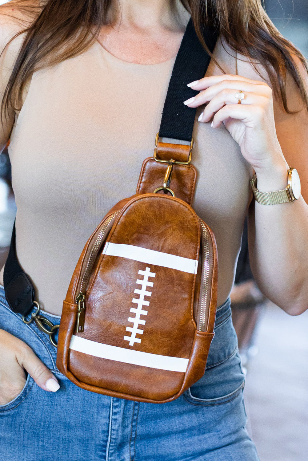 Brown PU Leather Football Mini Crossbody Bag