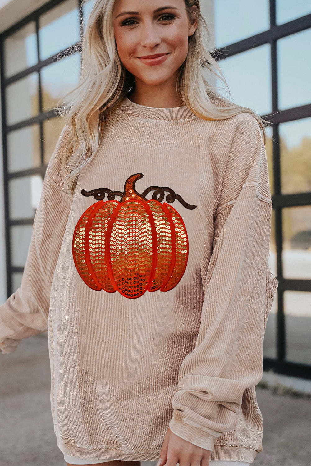 Orange Crinkle Ribbed Halloween Sequin Pumpkin Graphic Sweatshirt