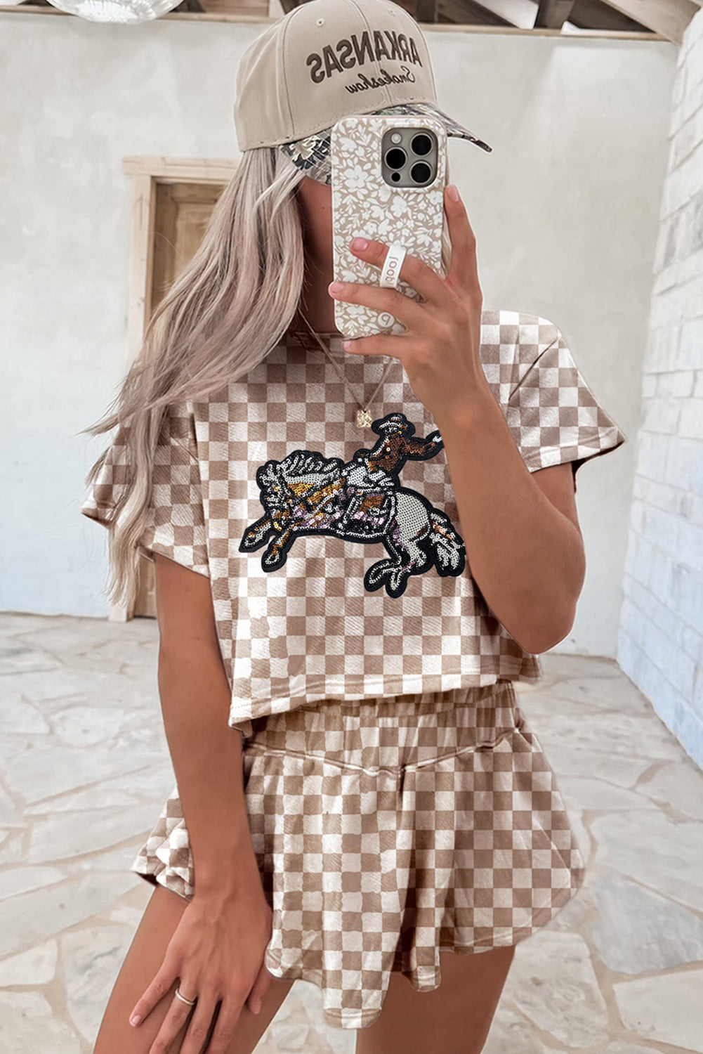 Brown Checkered Rodeo Sequins Patch Graphic Cropped Tee and Skort Set