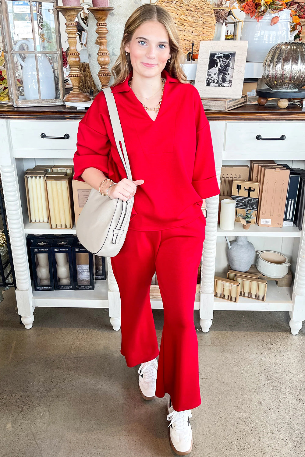 Fiery Red Plain V Neck Pullover Drawstring Bell Bottom Pants Set