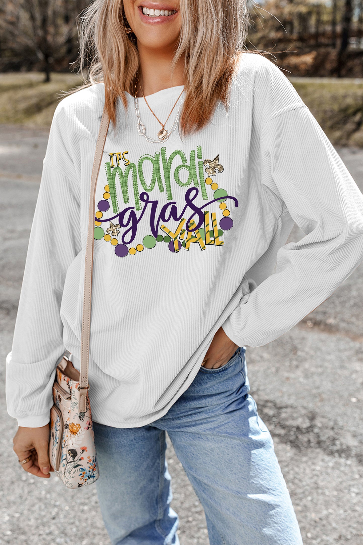 White TIS mardi gras YALL Corded Ribbed Pullover Sweatshirt